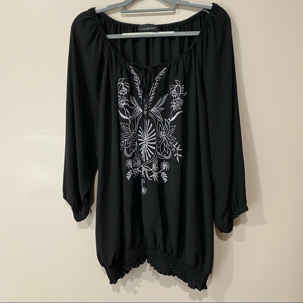 Lane Bryant Black Peasant Blouse with White Embroidered Front